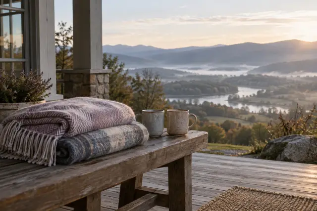 Two mugs and two folded blankets on a porch bench facing a valley, morning.