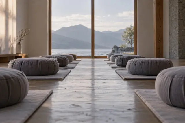 A row of identical zafu cushions in a hall, low angle, symmetrical, empty.