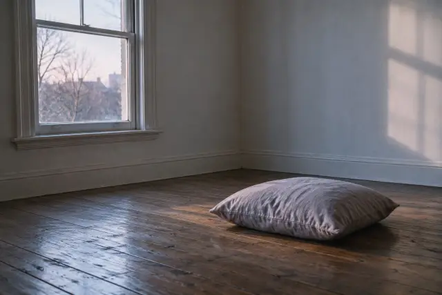One empty cushion on a wooden floor in a bare room, one window, cold morning light.