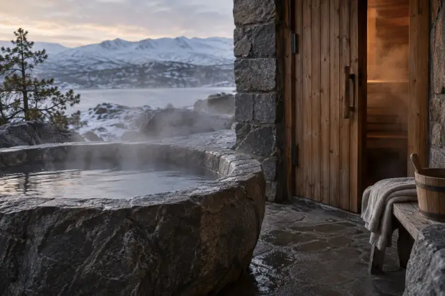 A stone cold plunge and a cedar sauna door, steam, nobody in the frame.