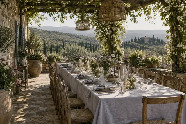 A long table laid for twelve under a pergola, linen and wildflowers, nobody in the frame.