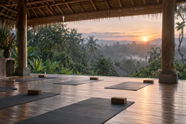 An open shala with a wooden floor and mats laid out, jungle beyond, dawn, empty.